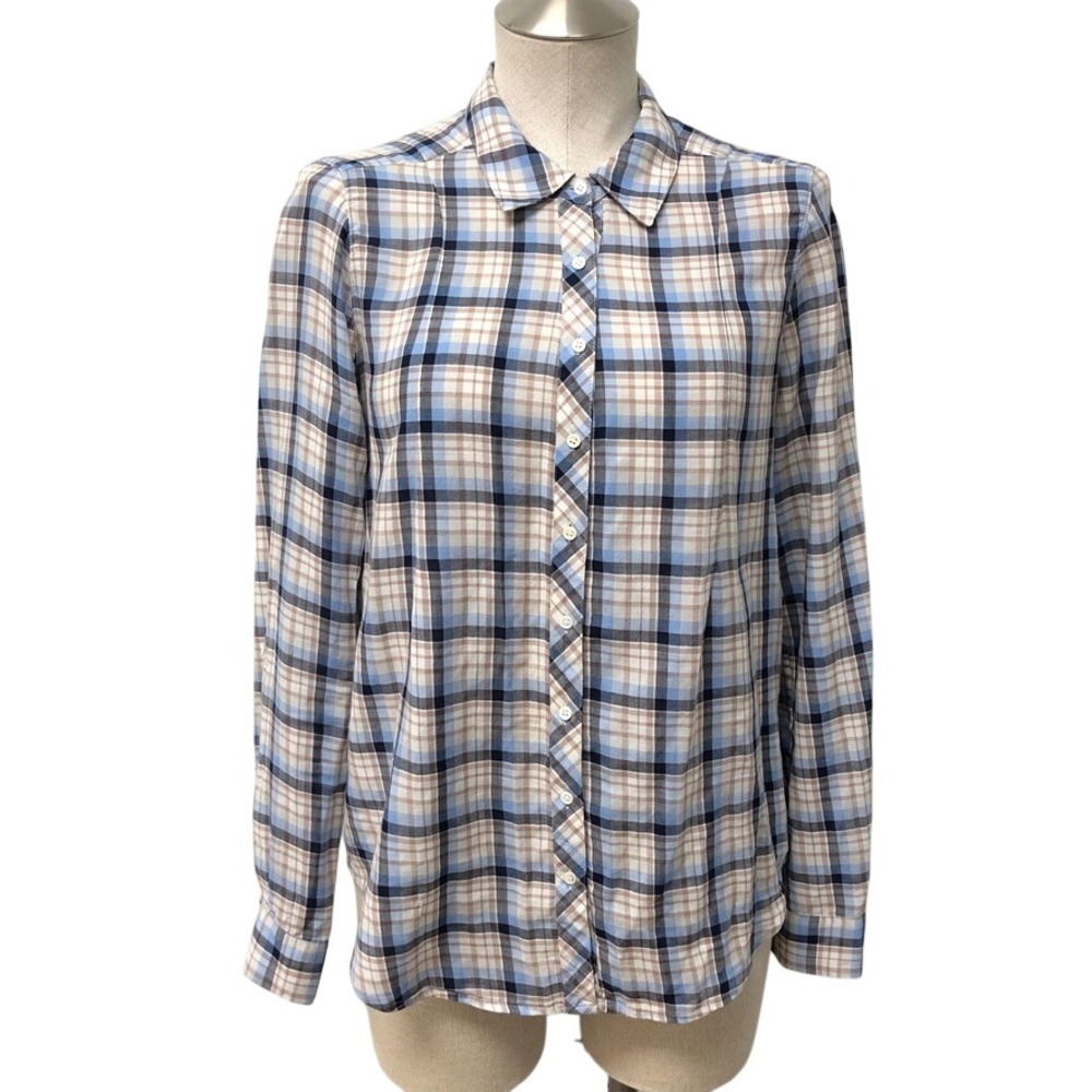 Joie Button Down Womens Small Blue Brown Plaid Cotton Long Sleeve Cottagecore